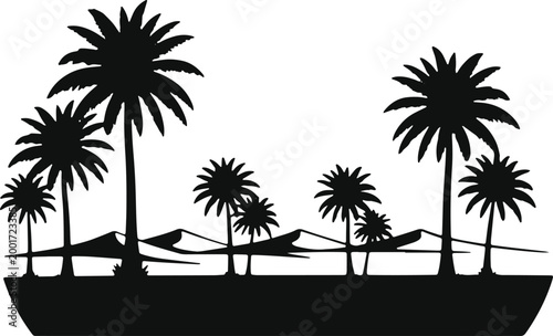 Palm trees and dunes silhouette against sky for tropical beach landscape background.