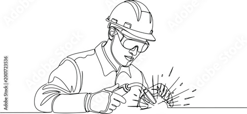 Welder wearing hard hat and safety glasses working with welding torch, sparks flying, line art for industrial and construction themes.