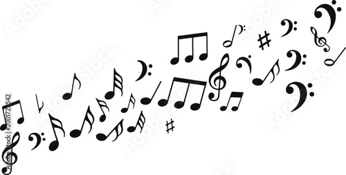 Musical notes and symbols scattered on transparent background symbolizing music creation and composition, treble clefs and sharps.