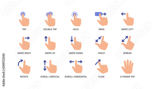 Hand gesture icons showing touch controls on white background