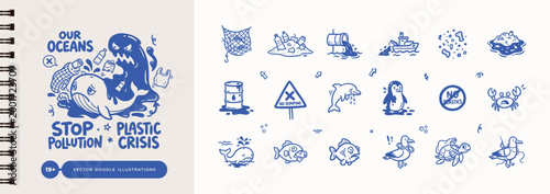 Ocean plastic pollution and environmental crisis vector doodle illustrations set with marine animals and trash.