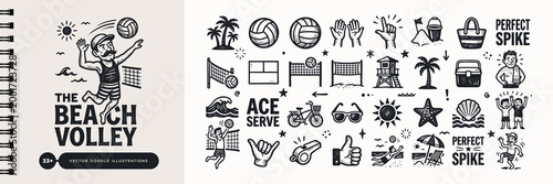 Retro Hand Drawn Beach Volleyball Doodles and Summer Sports Vector Icon Set