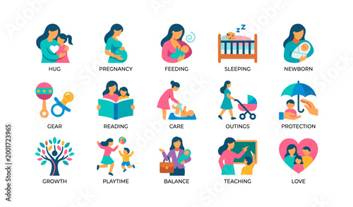 Parenting icons showing childcare activities on white background