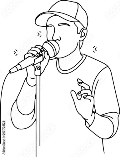 Rapper singing into microphone wearing cap performing on stage with energetic gesture expressing emotion through music.
