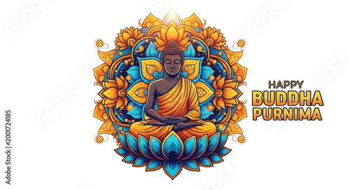 Colorful pixel art buddha sitting on a lotus flower with floral mandala pattern design