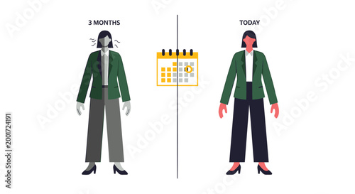 Pregnancy journey, expecting mother, before and after, illustration, vector graphics, pregnancy transformation