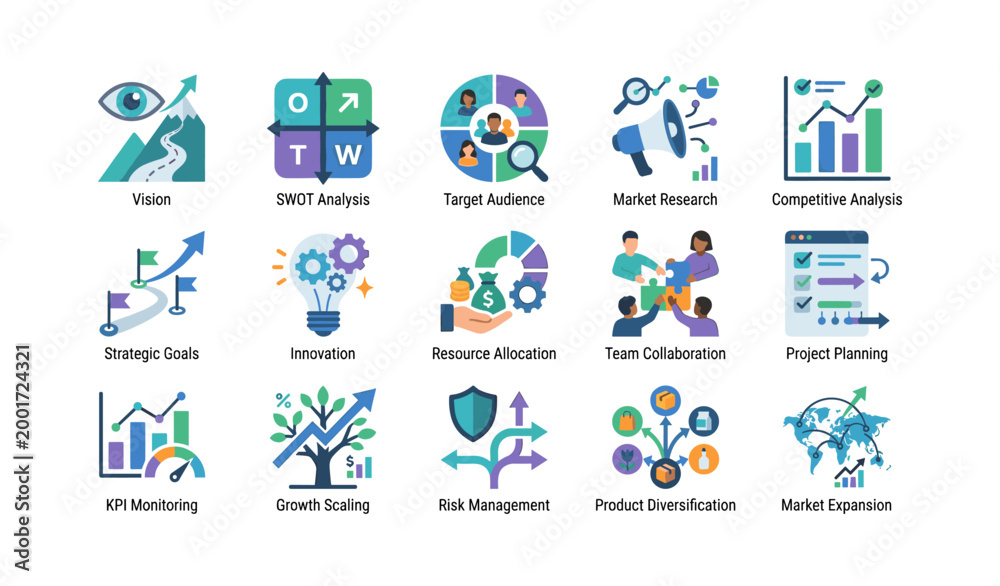 Fototapeta premium Business strategy icons showing planning and analysis on white