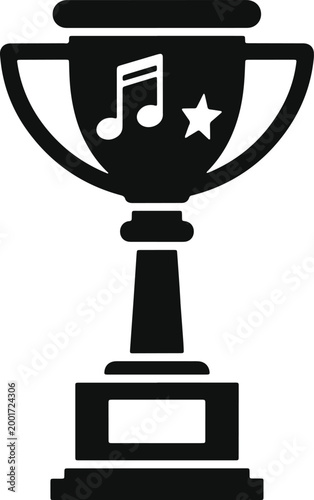 Black silhouette of trophy with musical notes and star.