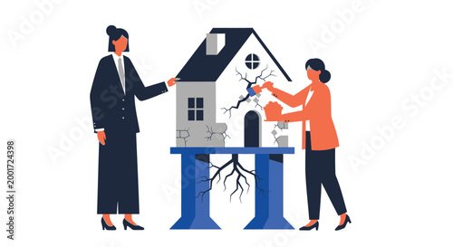 House foundation repair, construction workers, building maintenance, roofing damage