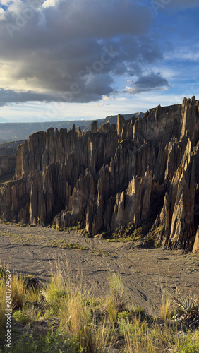 Dramatic Landscape of Valle de las Animas with Sharp Rock Formations under a Cloudy Sky in La Paz, Bolivia