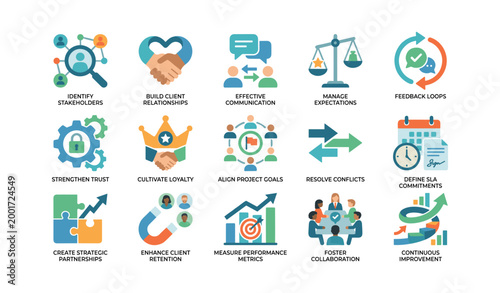 Client relationship and stakeholder icons on white background