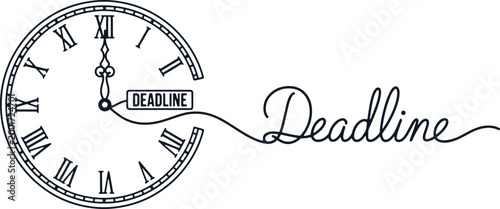 Clock face with roman numerals and word deadline connected by a wavy line, concept of time pressure.