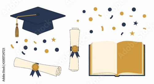 Graduation cap and diploma scrolls.