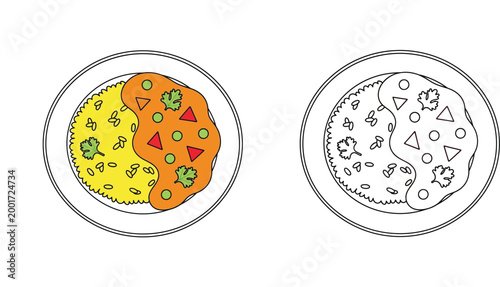 Indian Vegetable Curry with Yellow Rice Illustration Set Including Colored Version and Line Art Outline for Kids Coloring Book, Food Menu Design, and Educational Activity