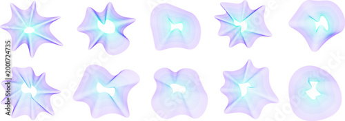 Set of abstract colorful wavy shapes with gradient line patterns, forming fluid organic forms. Modern holographic style ideal for backgrounds, branding, posters, and digital design projects