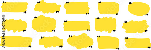 Set of yellow hand drawn quote boxes with black quotation marks, featuring brush stroke shapes and organic forms. Perfect for text highlights, social media posts, stickers, and design layouts
