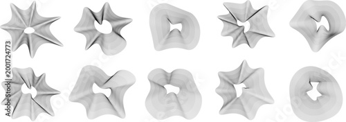 Collection of abstract radial wavy shapes made of fine black contour lines, forming fluid organic forms. Minimal monochrome design ideal for modern backgrounds, branding, and digital layouts