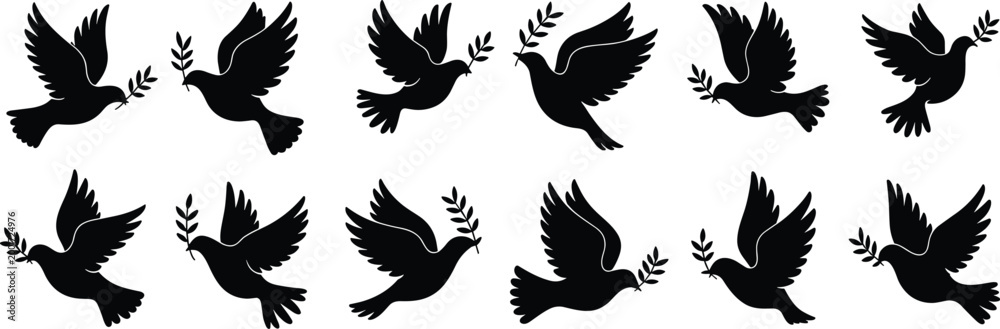 Fototapeta premium dove silhouettes set with olive branch, peace symbol birds vector illustration, flying pigeon icons, isolated on white background, minimal design