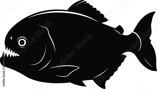 Black and white illustration of a piranha fish with sharp teeth
