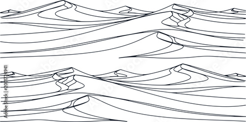 Rolling sand dunes in desert landscape, abstract wavy lines representing nature and arid environment.