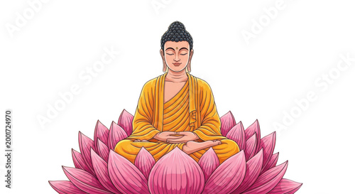 Buddha sitting in meditation on a large pink lotus flower