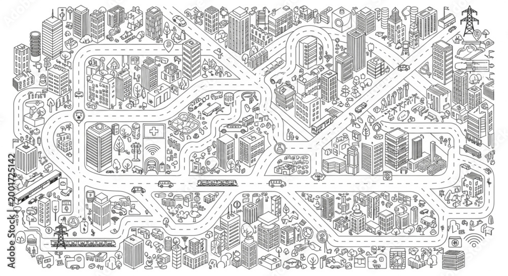 Obraz premium Intricate Abstract Cityscape Drawing with Detailed Buildings and Roads.