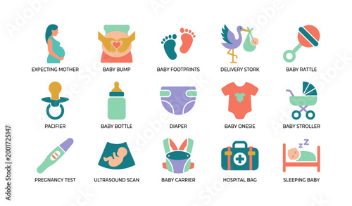 Baby care icons depicting pregnancy and newborn items grid