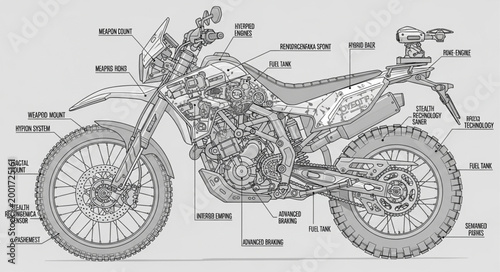 Detailed technical drawing of a dual sport motorcycle.