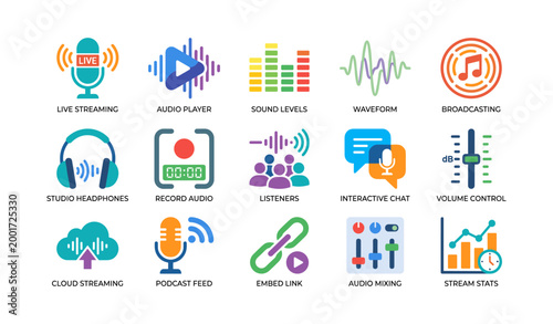 Audio podcast icons showing streaming tools and controls on white