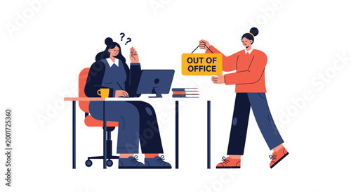 Remote work, business people, office absence, Out of Office sign, vector illustration