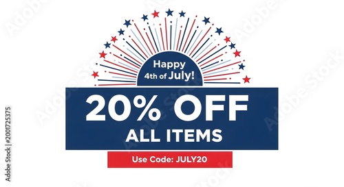 Happy 4th of july sale banner with 20 percent off all items and discount code, isolated on white background
