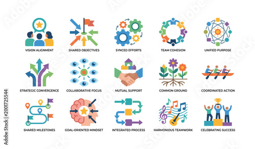 Teamwork icons illustrating collaboration concepts on white background