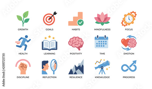 Wellness icons representing goals habits and growth on white background
