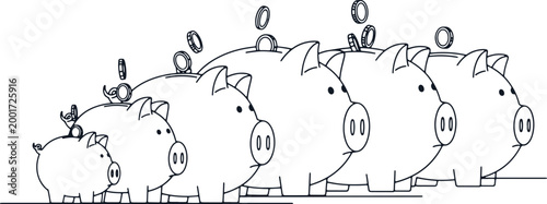 Group of piggy banks in increasing size with coins falling from above on transparent background.
