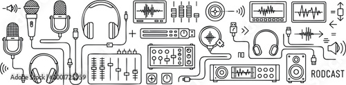 Audio broadcast studio equipment horizontal composition with microphones headphones mixer speakers and sound wave technology outline vector illustration