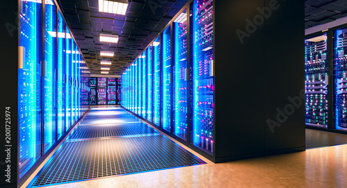 Data center server racks storing big data processing 3d