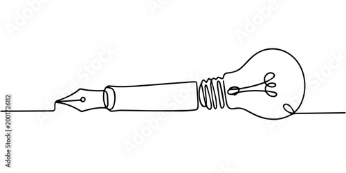light bulb pen continuous one line drawing, Continuous One line drawing of Pencil with idea light bulb combined into symbol, creative energy design art or science invention or research, Light bulb 