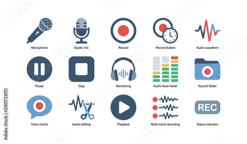Audio recording icons showing microphones and controls on white