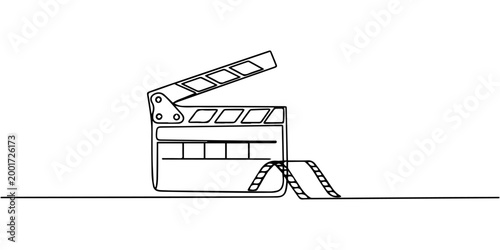 movie clapperboard continuous one line drawing, One line drawing of a film clapperboard. Captures cinema’s creative process, Continuous one line drawing of Film Clapper, Clapper board continuous