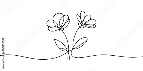 two flowers in a continuous single continuous one line drawing, Poppy flowers in continuous line art drawing style. Doodle floral border with two flowers blooming among grass. Minimalist black linear 