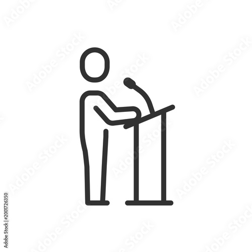 Person speaking at podium with microphone, linear icon. Public speech and presentation event. Line with editable stroke.
