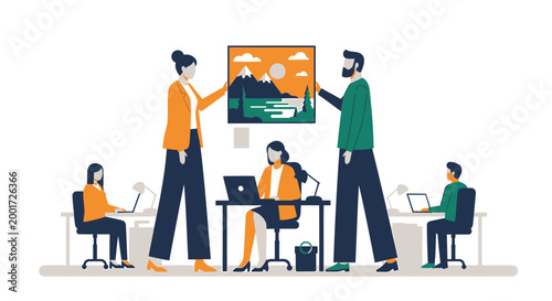 Business team, office workers, collaboration, meeting, presentation, teamwork, coworkers