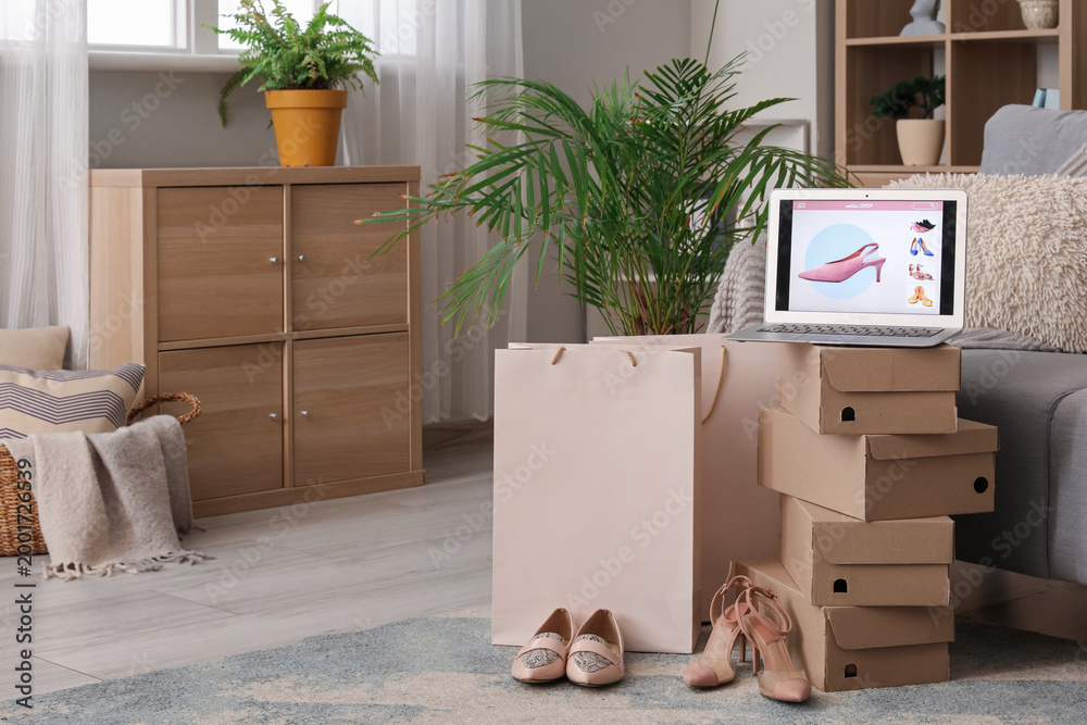 Fototapeta premium Boxes with shoes and laptop in interior of living room