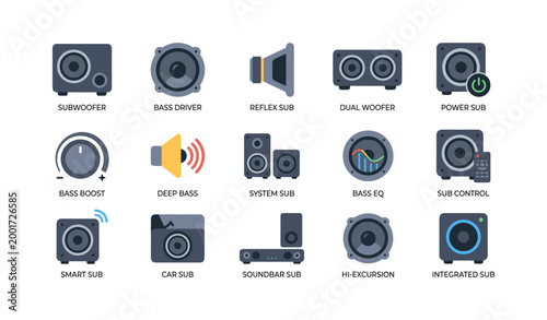 Subwoofer and bass icons arranged in labeled grid on white background