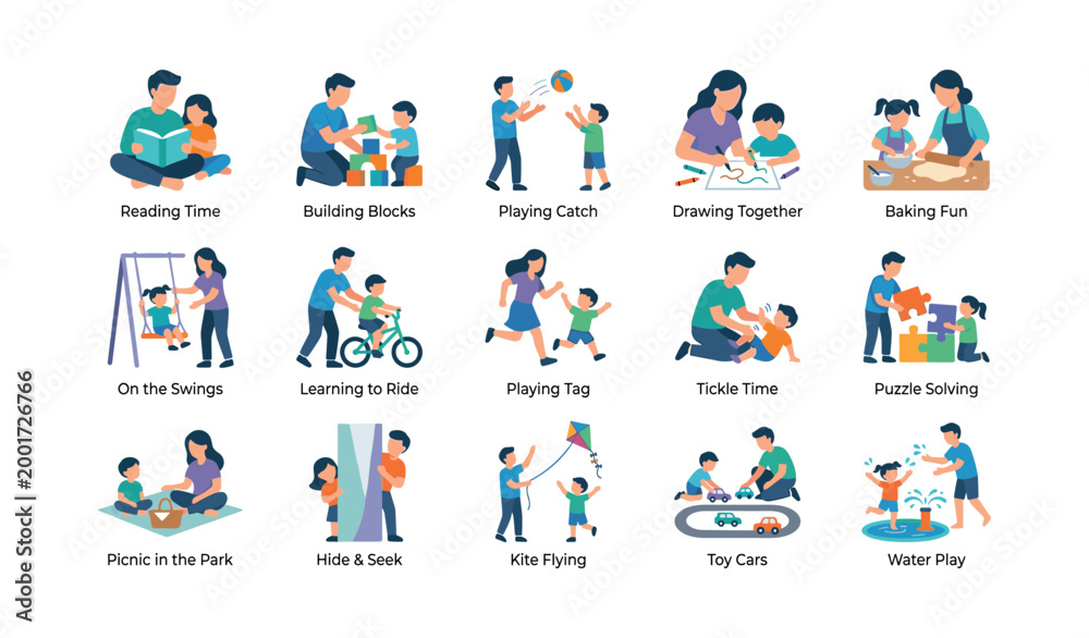 Fototapeta premium Parent and child activity icons displayed in grid on white background