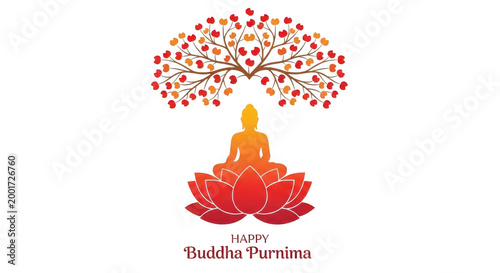 Buddha sitting in meditation pose under a decorative tree with lotus flower design