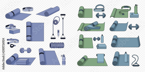 Collection of various fitness and yoga equipment including mats, weights, and resistance bands for exercise and training.