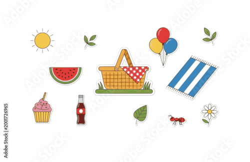 Colorful Picnic Party Sticker. Flat Vector Minimalist Basket and Summer Outdoor Celebration Illustration.