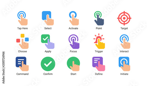 Touch and tap icons arranged in grid on white background