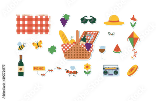 Colorful Picnic Party Sticker. Flat Vector Minimalist Basket and Summer Outdoor Celebration Illustration.